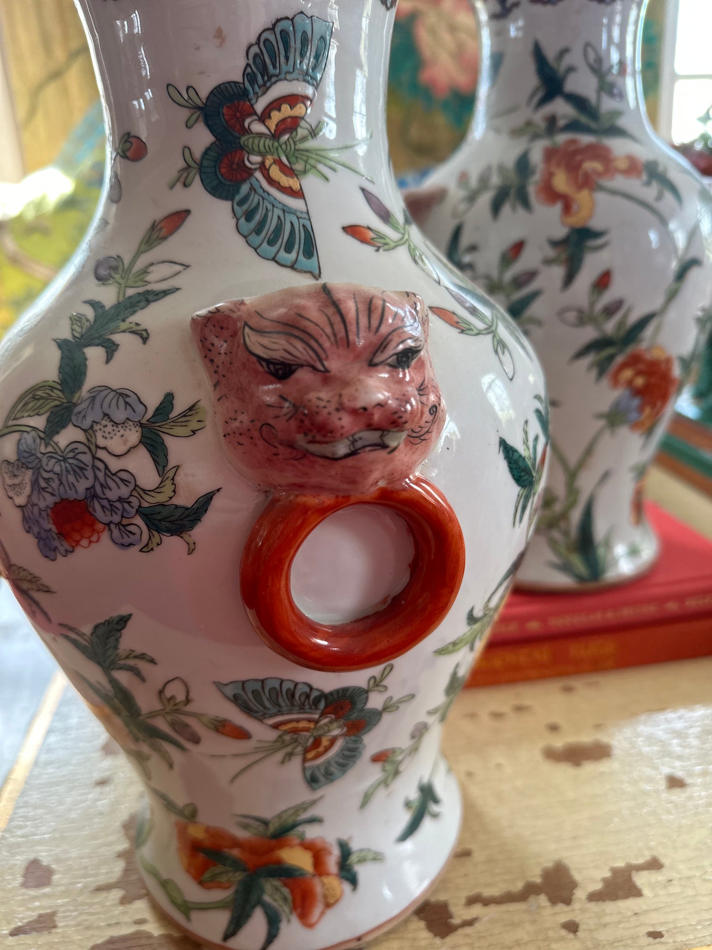 Large Pair of Chinoiserie Vases with Foo Dog Handles