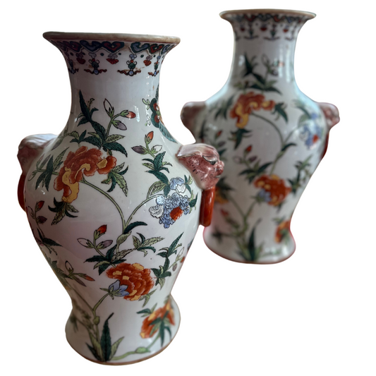 Large Pair of Chinoiserie Vases with Foo Dog Handles