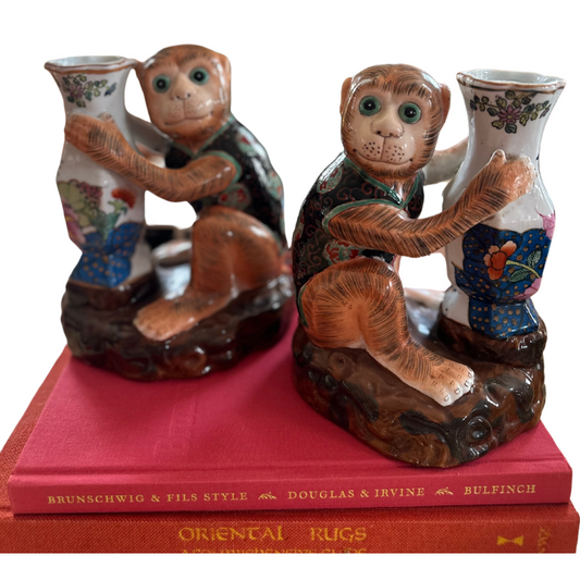 Pair Vintage Tobacco Leaf Monkey Vases