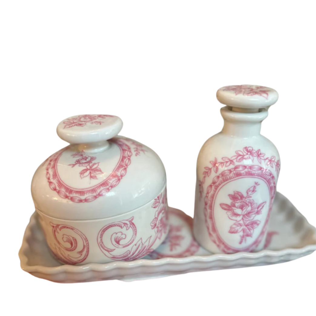 Pink floral Porcelaine de Paris Vanity Set