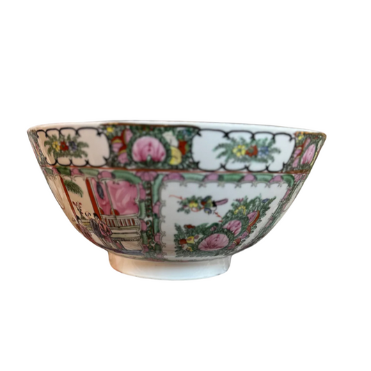 Large Vintage Rose Famille Chinoiserie Footed Punchbowl