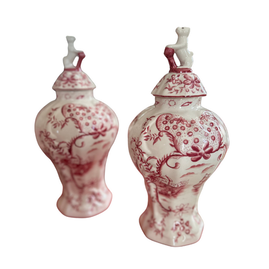 Pair of Jeanne Reed Meissen Style Ginger Jars with Puppy Finials