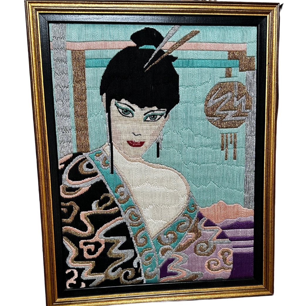 Rare: Vintage Patrick Nagel Style Woven Textile Needlepoint Geisha