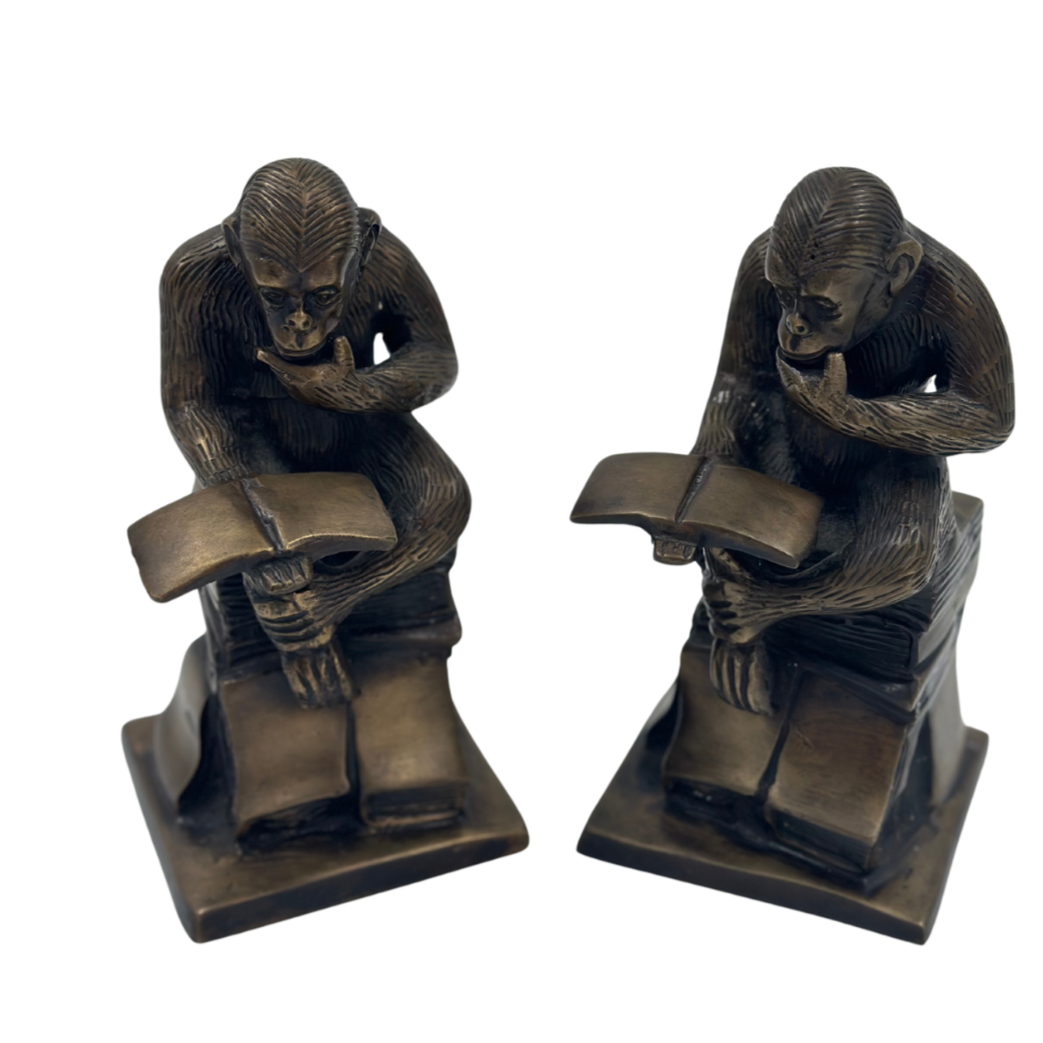 Vintage Brass Thinking Chimpanzee Bookends