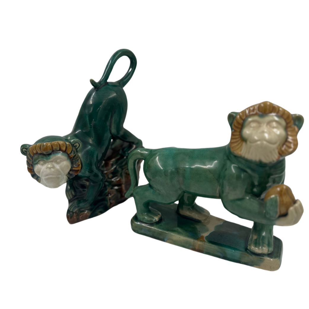 Vintage Midcentury Pair of Majolica Green Monkeys